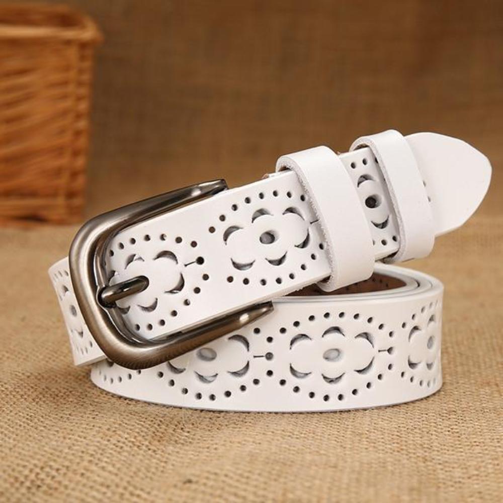 Women's Genuine Leather Floral Printed Alloy Pin Buckle Closure Belts