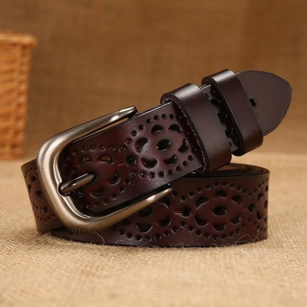 Women's Genuine Leather Floral Printed Alloy Pin Buckle Closure Belts