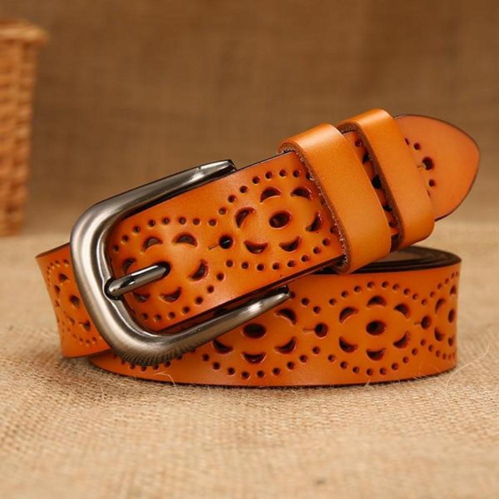 Women's Genuine Leather Floral Printed Alloy Pin Buckle Closure Belts