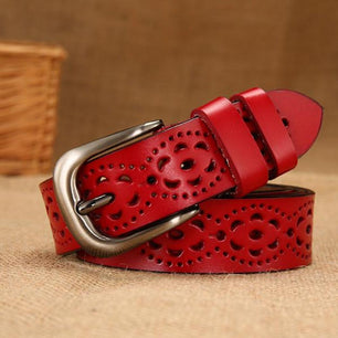 Women's Genuine Leather Floral Printed Alloy Pin Buckle Closure Belts