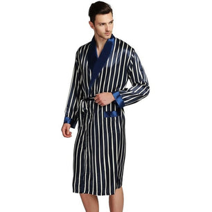 Men's Shawl Collar Long Sleeve Striped Waist Knot Pocket Bathrobes