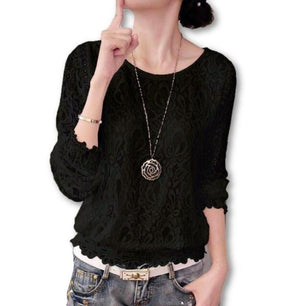 Women's Round Neck Long Sleeve Floral Lace Pattern Casual Blouses