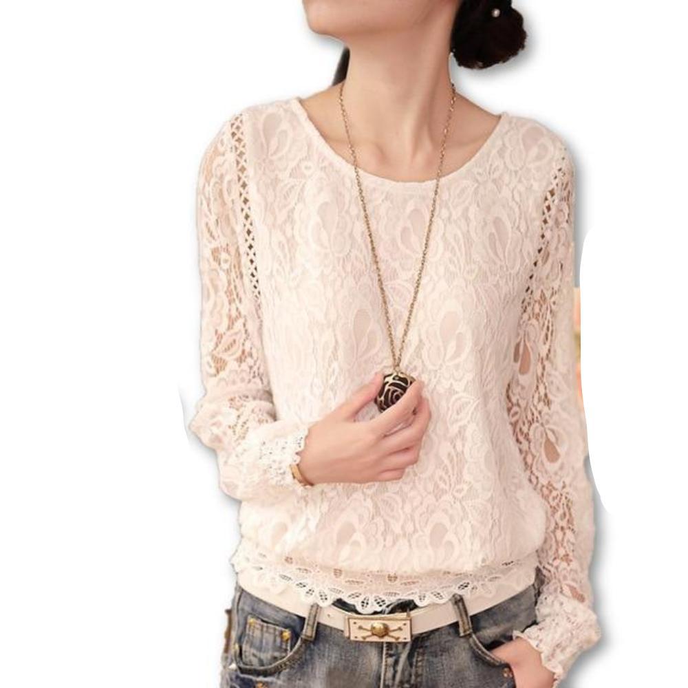 Women's Round Neck Long Sleeve Floral Lace Pattern Casual Blouses