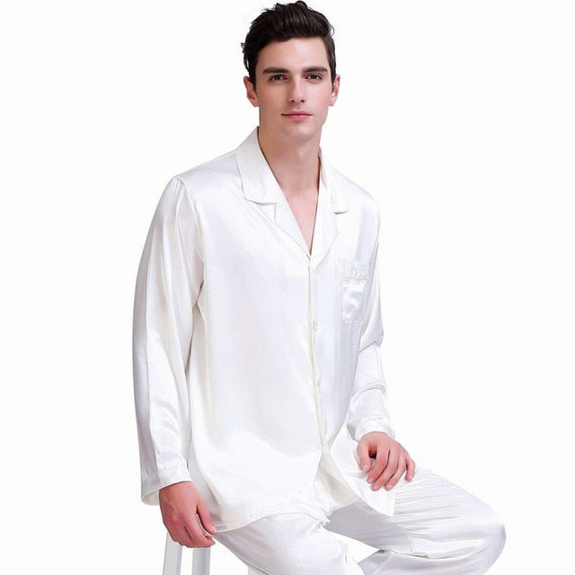 Men's Long Sleeve Plain Button Shirt With Pant Nightwear Set