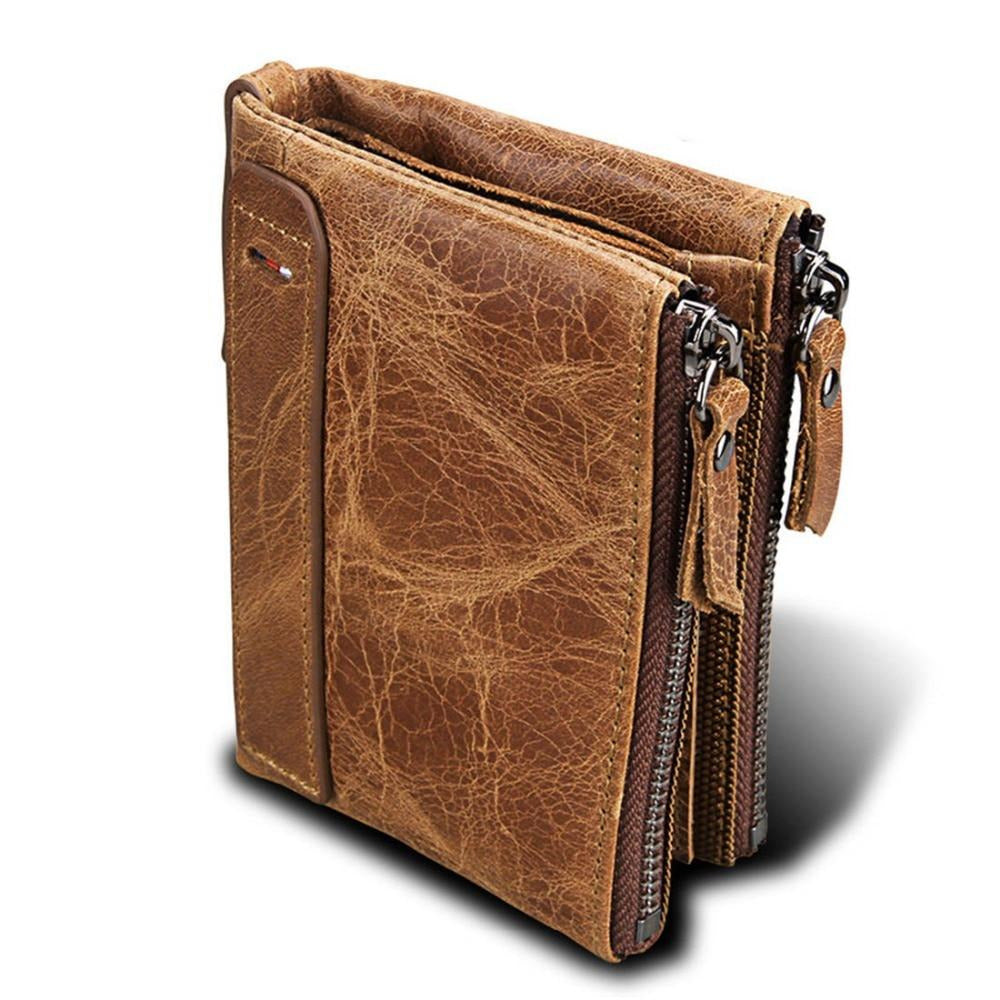 Men's Genuine Leather Bifold Double Zipper Closure Card Holder Wallet