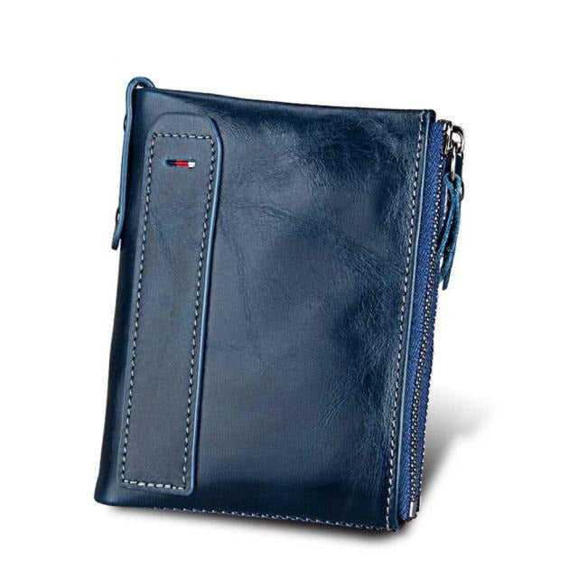 Men's Genuine Leather Bifold Double Zipper Closure Card Holder Wallet