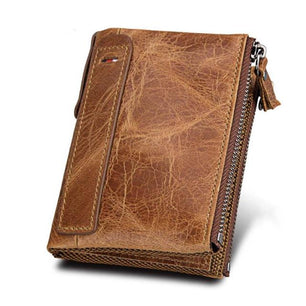 Men's Genuine Leather Bifold Double Zipper Closure Card Holder Wallet