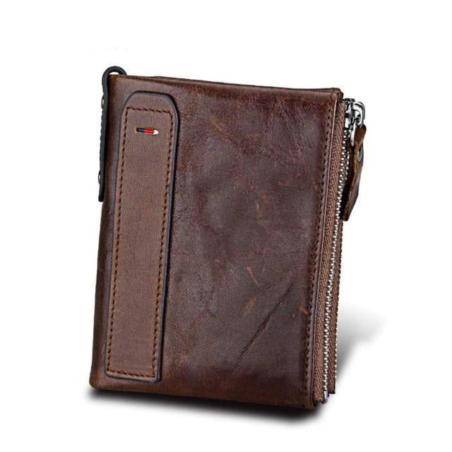 Men's Genuine Leather Bifold Double Zipper Closure Card Holder Wallet