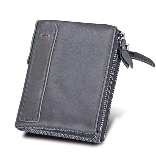 Men's Genuine Leather Bifold Double Zipper Closure Card Holder Wallet