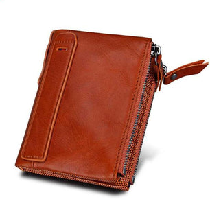 Men's Genuine Leather Bifold Double Zipper Closure Card Holder Wallet