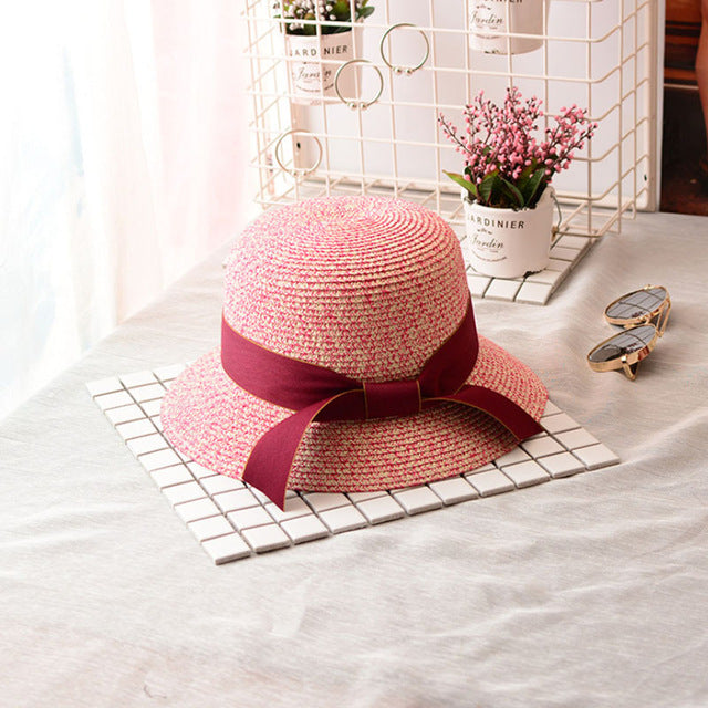 Women's Round Straw Ribbon Bow-Knot Bucket Summer Hats