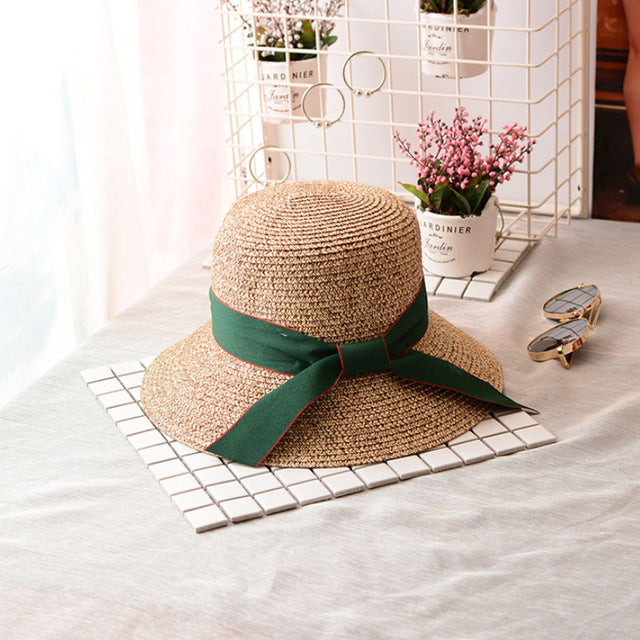 Women's Round Straw Ribbon Bow-Knot Bucket Summer Hats