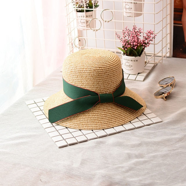 Women's Round Straw Ribbon Bow-Knot Bucket Summer Hats