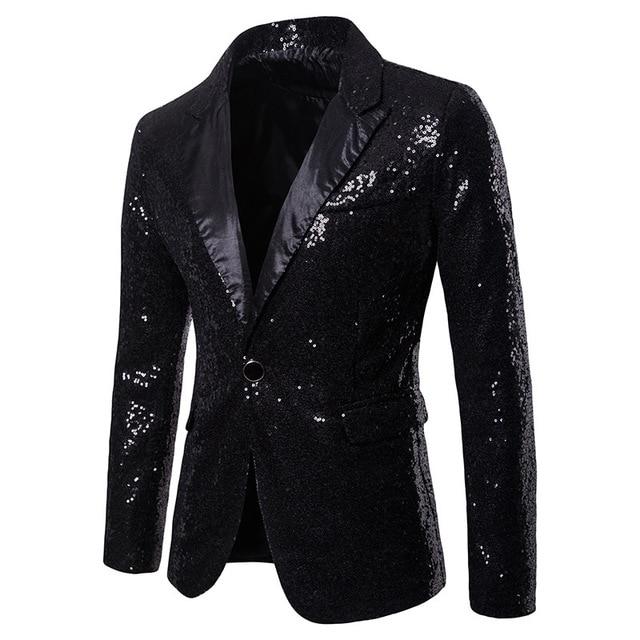 Men's Shawl Collar Long Sleeve Sequin Single Button Pocket Blazers