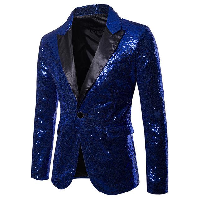 Men's Shawl Collar Long Sleeve Sequin Single Button Pocket Blazers