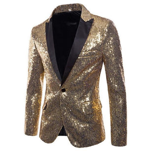 Men's Shawl Collar Long Sleeve Sequin Single Button Pocket Blazers