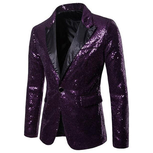 Men's Shawl Collar Long Sleeve Sequin Single Button Pocket Blazers