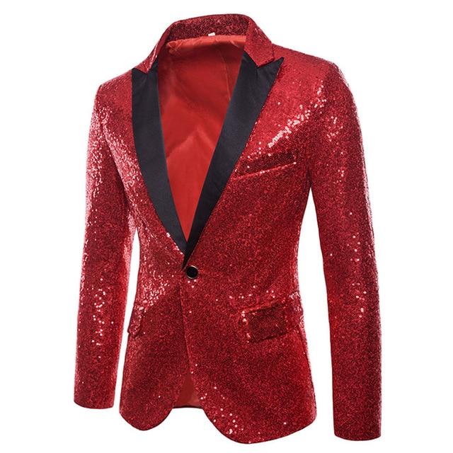 Men's Shawl Collar Long Sleeve Sequin Single Button Pocket Blazers