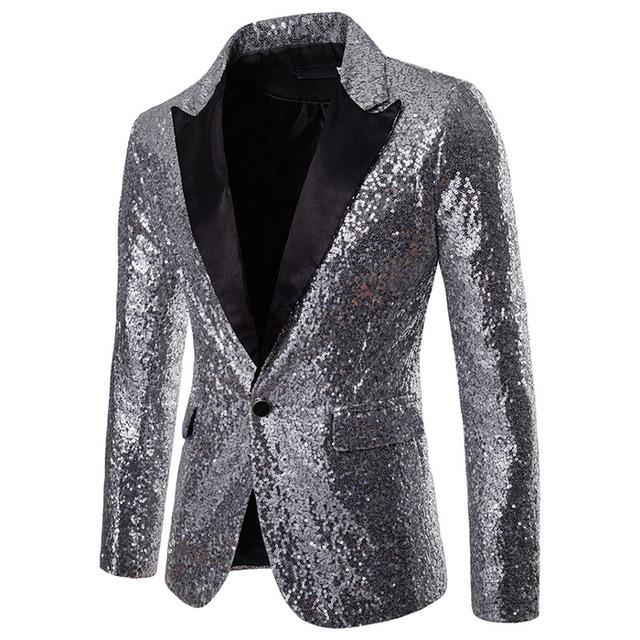 Men's Shawl Collar Long Sleeve Sequin Single Button Pocket Blazers