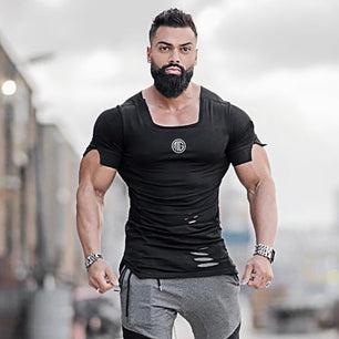 Men's Square Neck Short Sleeve Plain Ripped Sportswear T-Shirt