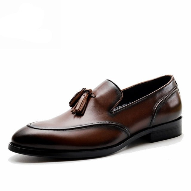 Men's Genuine Leather Pointed Toe Slip-On Tussel Formal Shoes