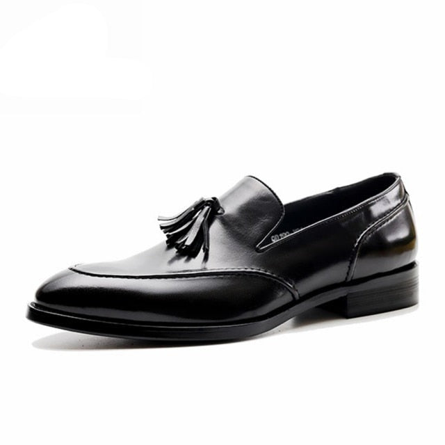 Men's Genuine Leather Pointed Toe Slip-On Tussel Formal Shoes