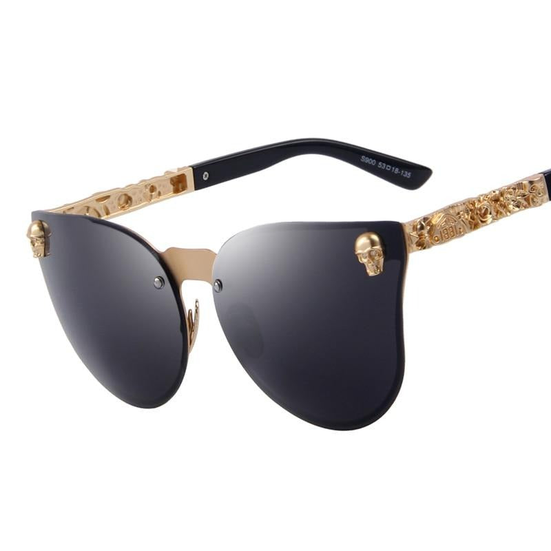 Women's Cat Eye Light Mirror Lens Alloy Frame Skull Sunglasses