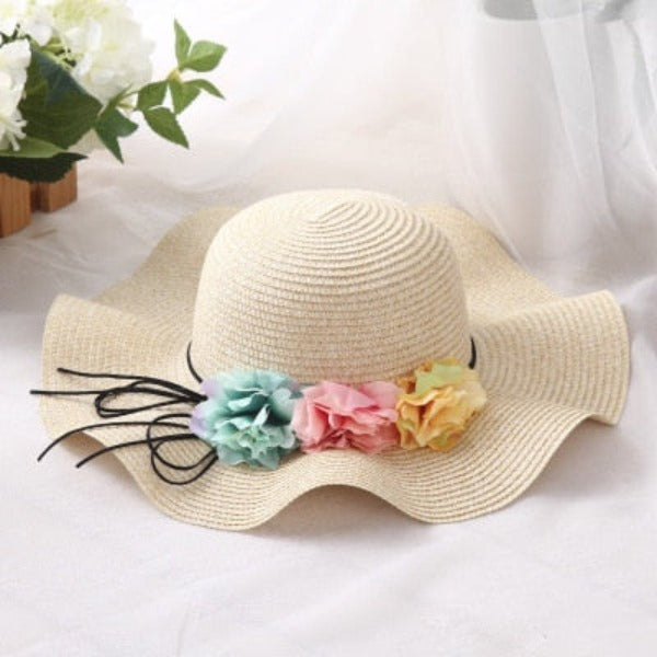 Women's Round Straw Linen Floral Strap Wave Wide Brim Sun Hats