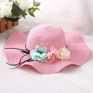 Women's Round Straw Linen Floral Strap Wave Wide Brim Sun Hats