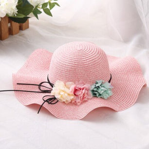 Women's Round Straw Linen Floral Strap Wave Wide Brim Sun Hats