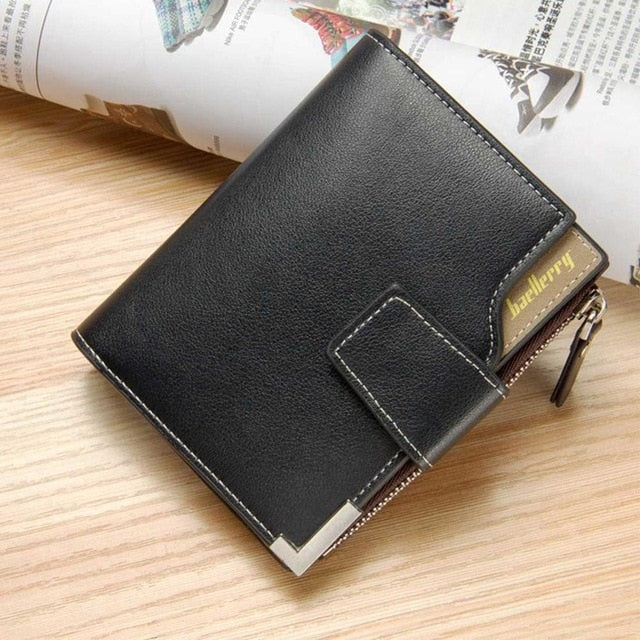 Men's Leather Slit Card Holder Pocket Zipper Hasp Bifold Short Wallets