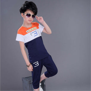 Kid's O-Neck Short Sleeve Striped Pattern Shirt With Trouser Set