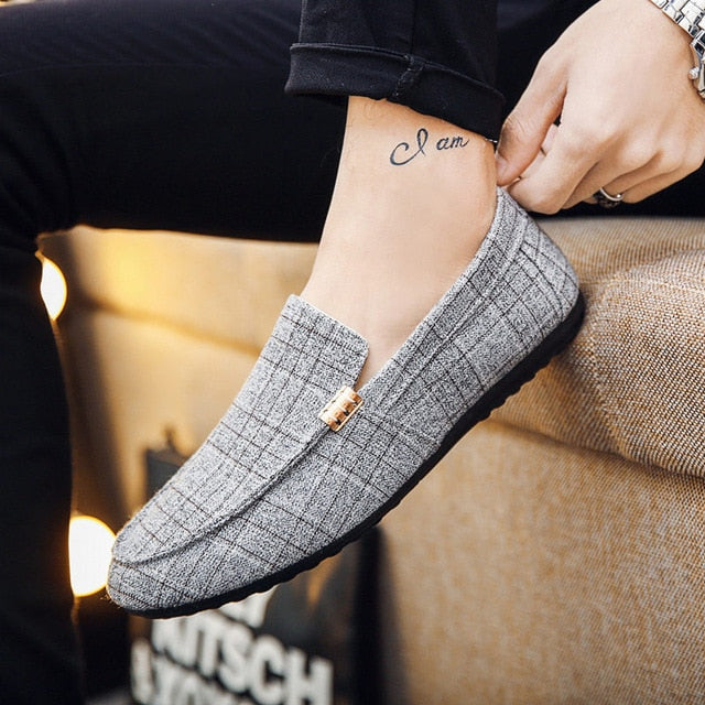 Men's Pointed Toe Canvas Plaid Slip-On Comfortable Casual Wear Shoes