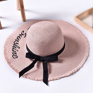 Women's Round Straw Letter Embroidery Summer Wear Brim Hats