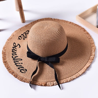 Women's Round Straw Letter Embroidery Summer Wear Brim Hats