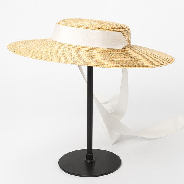 Women's Round Straw Linen Ribbon Tie Strap Summer Wear Brim Hats