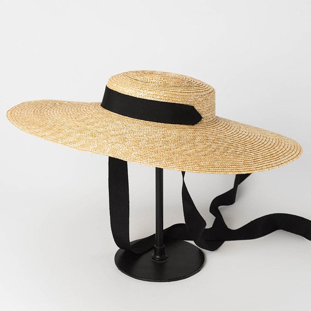 Women's Round Straw Linen Ribbon Tie Strap Summer Wear Brim Hats