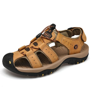 Men's Round Toe Plain Leather Strap Hook & Loop Closure Casual Sandals