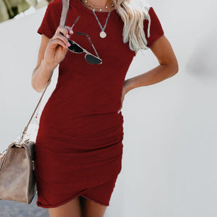 Women's Round Neck Short Sleeve Plain Above Knee Slinky Dress