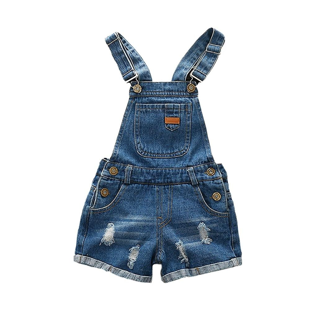 Kid's Square Neck Sleeveless Ripped Button Closure Denim Flare Romper