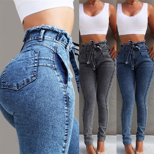 Women's Belted Waist Plain Button Zipper Pocket Denim Jeans