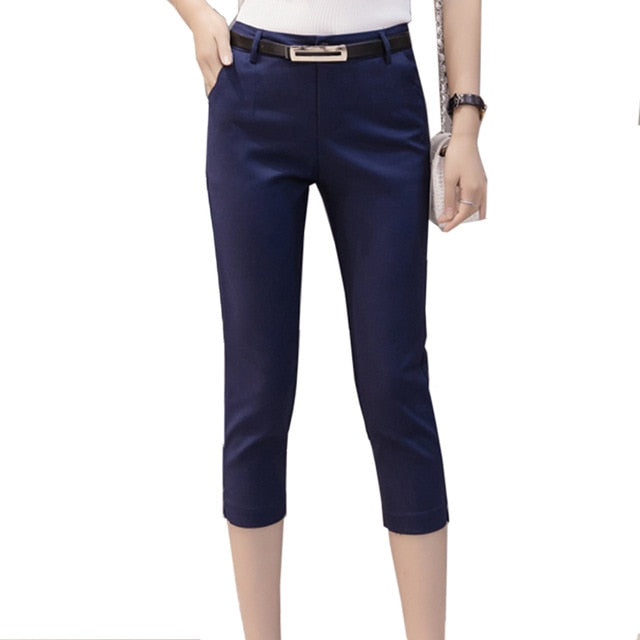 Women's High Waist Plain Button Zipper Knee-Length Formal Pants