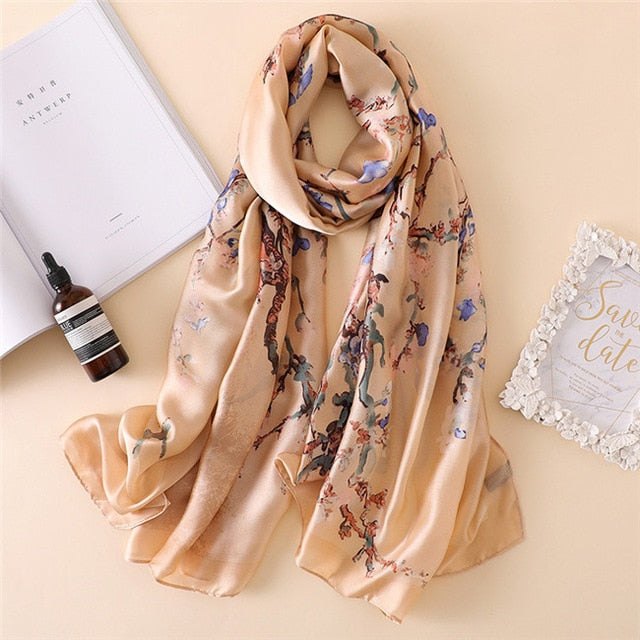 Women's Silk Floral Printed Long Neck Wrap Winter Wear Scarves