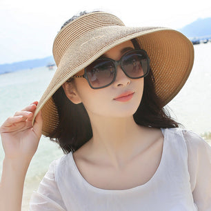 Women's Round Straw Linen Adjusted-Straps Wide Brim Sun Hats