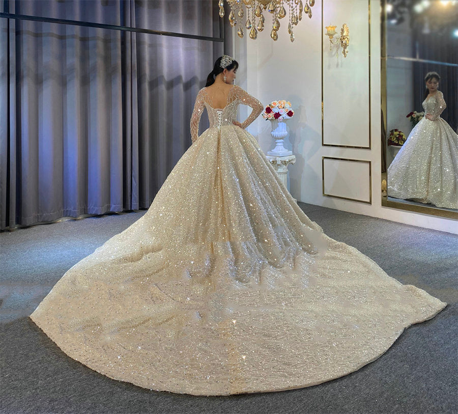 Women's O-Neck Full Sleeve Sweep Train Luxury Wedding Dresses