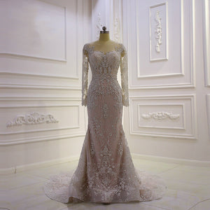 Women's O-Neck Full Sleeves Lace-Up Mermaid Bridal Wedding Dress