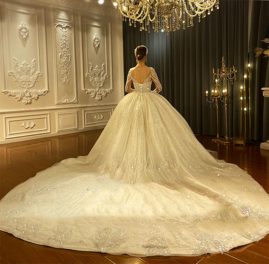 Women's V-Neck Full Sleeves Beaded Wedding Ball Gown Bridal Dress