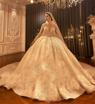 Women's V-Neck Full Sleeves Beaded Wedding Ball Gown Bridal Dress