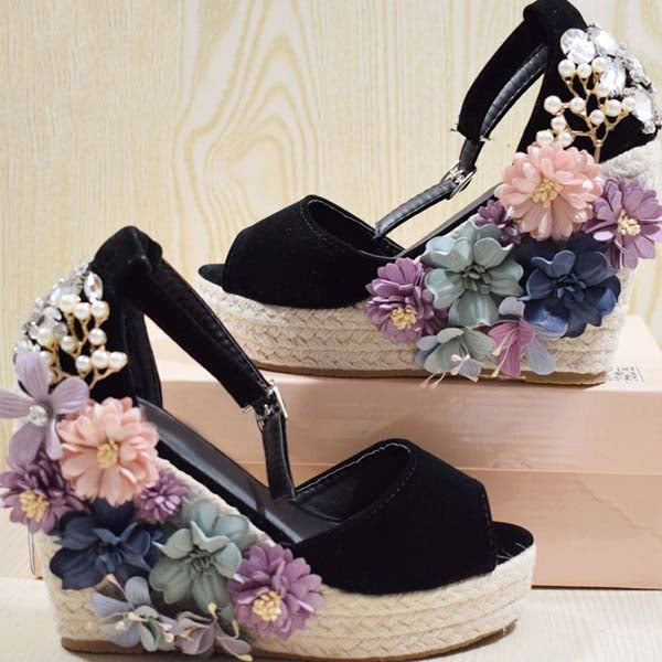 Women's Faux Suede Buckle Strap Closure Flowers Pumps Sandals