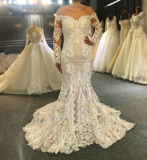 Women's Open Heart Full Sleeves Mermaid Bridal Wedding Dresses